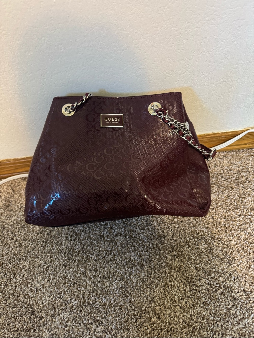 GUESS Plum Patent Logo Shoulder Bag with Chain Straps